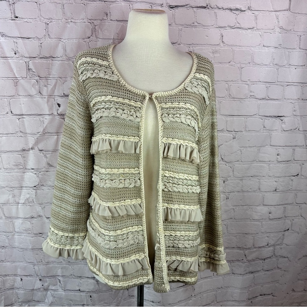 Chico's sz 3 ravishing ruffles beige tiered sweater Cardigan womens (XL/16)